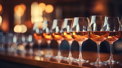 Aufkleber - Hospitality concept, Banquet and catering party, Soft selective focus of shining wine glass, Row of glasses in the line on the counter bar with warm light, Food and beverage background.