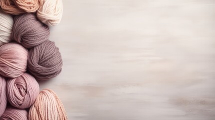 Poster - Craft knitting hobby background with yarn in natural colors. Recomforting hobby to reduce stress for cold fall and winter weather. Mock up, copy space, top view