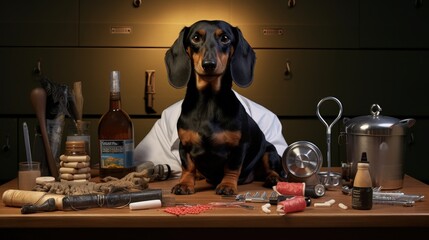 Poster - dachshund dog, black and tan, as a medical veterinary doctor with stethoscope, standing on the table with medical equipment and medicines, syringe, pills