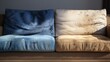 Dirty and clean sofa before and after dry cleaning in room. Blue soft sofa dirt stains. Sofa straight view, dirty half and clean half. Concept for a cleaner, cleaning company, 3d illustration