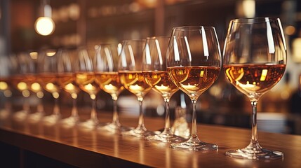 Aufkleber - Hospitality concept, Banquet and catering party, Soft selective focus of shining wine glass, Row of glasses in the line on the counter bar with warm light, Food and beverage background.