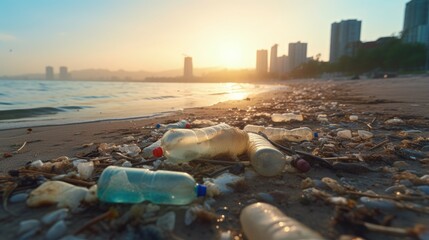 Poster - Spilled garbage on beach of big city. Empty used dirty plastic bottles. Dirty sea sandy shore the Black Sea. Environmental pollution. Ecological problem. Bokeh moving waves in the background