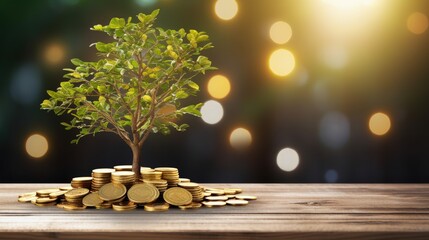 Poster - Investment, money, interest and financial concept. Gold coin on wood counter with growing tree on bokeh background.