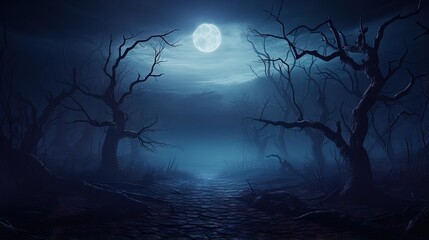 Poster - Happy Halloween holiday background with copy space. Dark landscape with creepy trees and moon. Fairytalle forest with fog. Ominous sky on Halloween night.