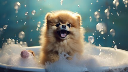 Wall Mural - Bathing of the funny pomeranian dog. Dog taking a bubble bath. Grooming dog.