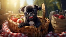 A Cute Baby Pug Chihuahua Mix Puppy Looking Into A Wicker Picnic Basket And Licking Her Face During Summer Maybe On The 4th Of July Holiday