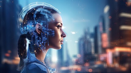 Aufkleber - Cyborg head using artificial intelligence to create digital interface on city bokeh background 3D rendering