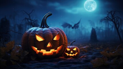 Poster - Jack O lanterns Halloween pumpkin scary face with orange light on dark land and blue moon night 3D rendering with copy space