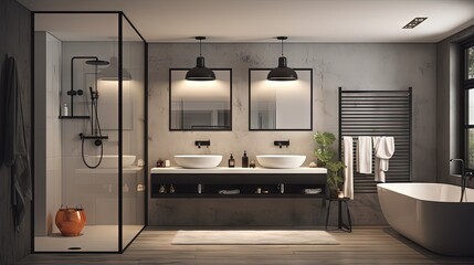 Poster - New design bathroom with shower and two basins, in gray and white with black details