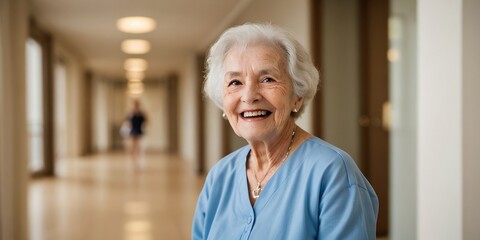 Happy senior woman living in a nursing home, beautiful background with copy space