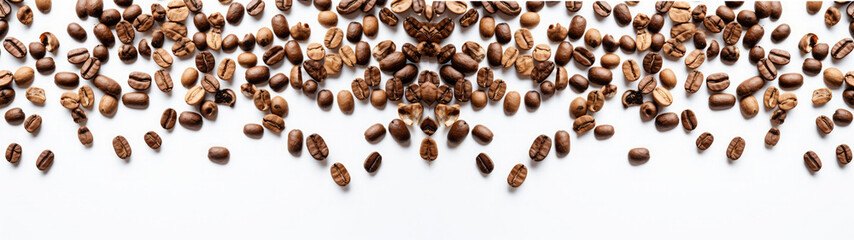 Brown coffee beans scattered isolated on white background banner, texture