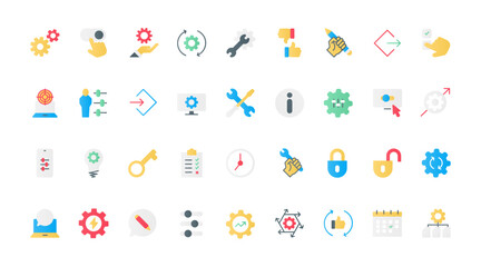 Control and management of system productivity line icons set vector illustration. Outline gears and cogwheels of machine engine, repair and maintenance service tools for modification and setup.