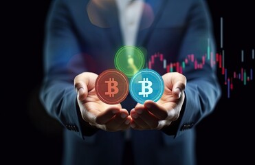 Poster - Businessman holding bitcoins in hands