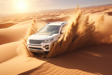 White SUV with motion blur effect driving on a sandy desert road.