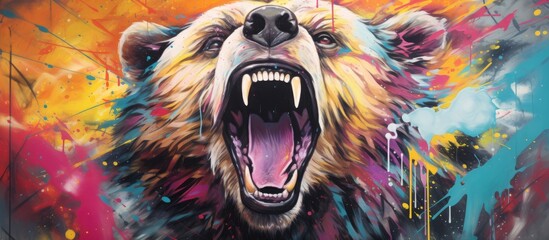 Wall Mural - Abstract various colorful graffiti paintings of brown bear  animal, Generative Ai