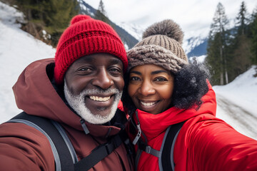 Sticker - Generative AI picture of funny happy couple traveling together winter season snowy mountains