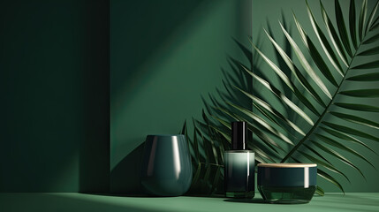 Poster - cosmetic product display podium and green wall background.