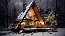 Frost-covered Modern A-frame Cabin In The Middle Of A Woodland During The Winter