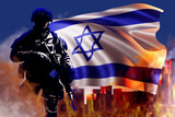 Fototapeta Sawanna - Military man with flag Israel. Member tsahal. Israeli defense force soldier. Jewish flag near fire and city buildings. Concept Israeli soldier participating in war. Israeli soldier in smoke. 3d image