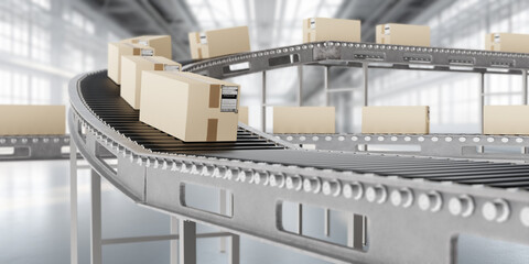 Poster - Conveyor at courier warehouse. Boxes on production line. Conveyor inside industrial building. Automation of fulfillment. Warehouse technologies. Conveyor with boxes for delivery. 3d image