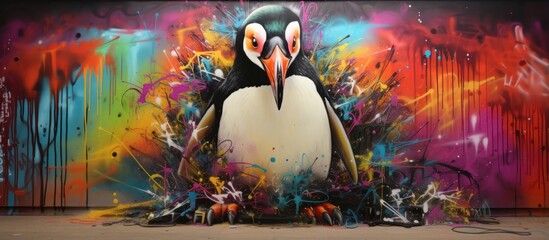 Wall Mural - Abstract various colorful graffiti paintings of  penguine animal, Generative Ai