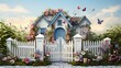 A whimsical garden with a heart-shaped door on a white picket fence, with butterflies fluttering about.