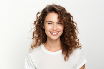 Wall Mural - Generative AI illustration of young girl with curly hairdress beaming smiling over background