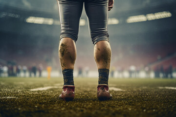 Close up picture of soccer cleats on muddy green field generative AI concept