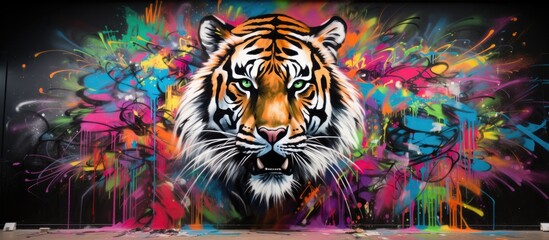 Wall Mural - Abstract various colorful graffiti paintings of   tiger animal, Generative Ai