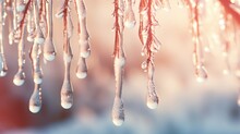  A Bunch Of Water Drops Hanging From A Tree Branch In The Snow, With A Red Sky In The Background.  Generative Ai