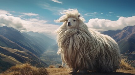 Wall Mural - A white llama captured against a mountainous landscape, its fur ruffling in the breeze.