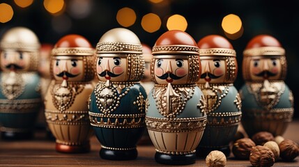  a group of nutcrackers sitting on top of a table next to a nutcracker and nuts.  generative ai