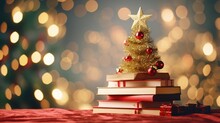  A Small Christmas Tree Sitting On Top Of A Stack Of Books Next To A Christmas Tree With A Star On Top Of It.  Generative Ai