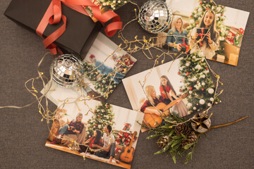 Wall Mural - Photos of children against Christmas lights background.