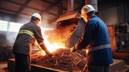 Poster - Workers in a biomass power plant feeding wood chips into a furnace for energy production.