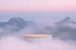 Minimal podium table top in outdoor on sky pink blue pastel soft cloud nature landscape background.Cosmetic product placement pedestal present stand display,surreal paradise dreamy concept.