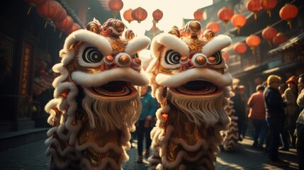 Sticker - Dragon and Lion Dances in street, Two people in traditional Chinese festival lion costume and the other in a dragon costume colorful lanterns and buildings.