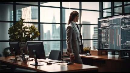 Poster - Businesswoman working in modern office with financial charts and graphs on computer monitor.