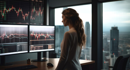 Poster - Businesswoman working in modern office with financial charts and graphs on computer monitor.