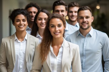 Poster - Business team leader, Happy multiracial professional employees, team.