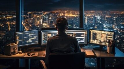 Aufkleber - Trade concept, A forex trader who works on large screens, Financial charts and graphs on computer monitor.