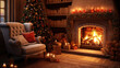 Warm fireplace in living room with christmas decorations and tree. Nice cozy room with old chair and lot of presents. Candles and old books. Fairy tale style of edit.
