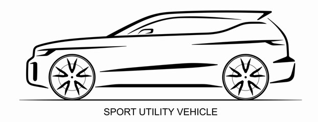 Wall Mural - All-road car silhouette isolated on white background. Side view of the Sport-utility vehicle or crossover. Line art design template. Vector illustration.