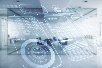 Aufkleber - Multi exposure of abstract statistics data hologram interface on a modern furnished office interior background, computing and analytics concept