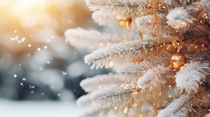 Poster -  a close up of a christmas tree with snow flakes and baubles hanging from it's branches.  generative ai