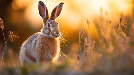 A rabbit is standing in a field at sunset, AI