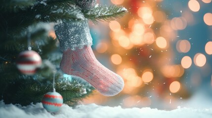 Poster -  a close up of a christmas tree with a stocking hanging from it's side and a blurred christmas tree in the background.  generative ai