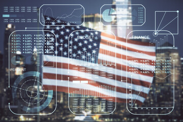 Poster - Multi exposure of stats data illustration on USA flag and blurry cityscape background, computing and analytics concept