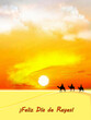 Leinwandbild Motiv Reyes Magos, ilustración, sol, atardecer, siluetas, camellos, navidad