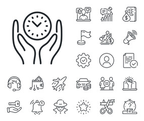 Poster - clock sign. salaryman, gender equality and alert bell outline icons. safe time line icon. office man